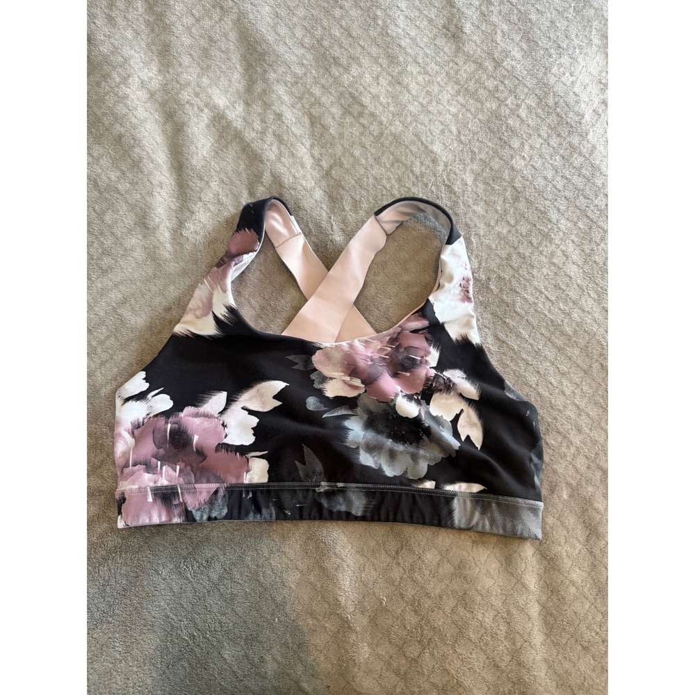Old Navy Active Floral Sports Bra Black Pink Criss Cross Straps Size Large
